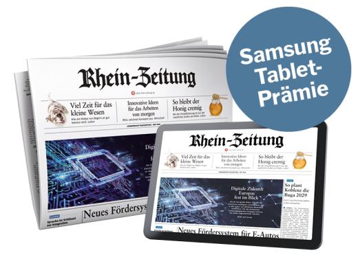RZ-Komplett: Abbildung Zeitung, Tablet; Button: "Samsung Tablet-Prämie"
